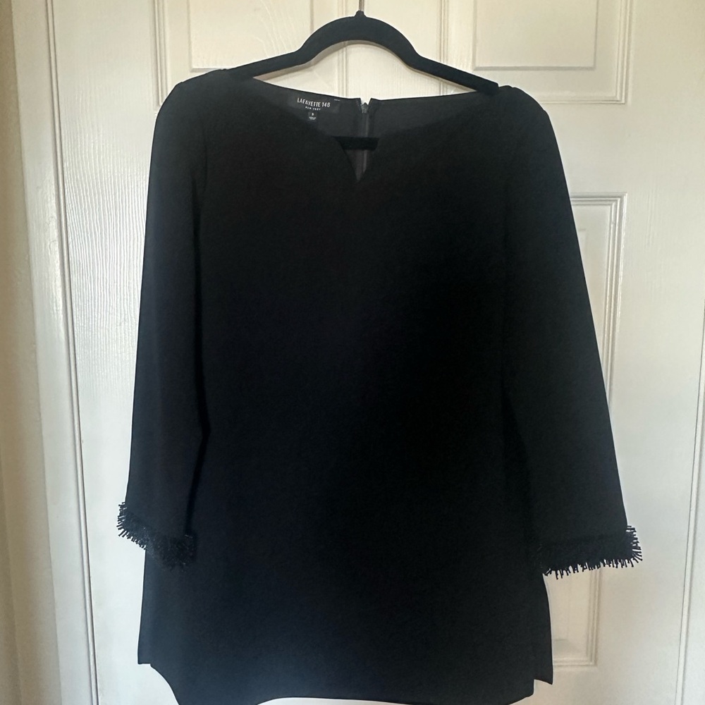 Lafayette 148 New York Black Fringe Sleeve Top, Crepe fabric